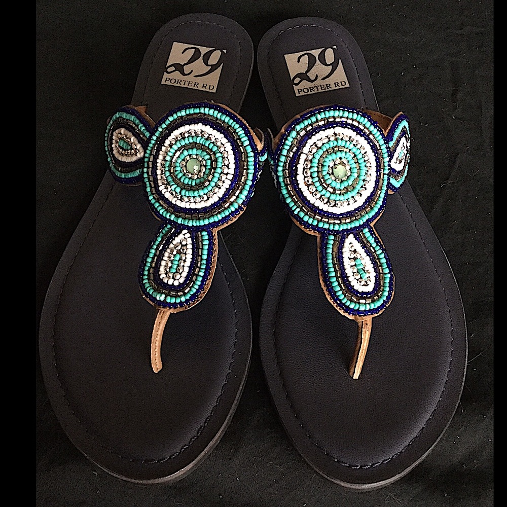 Bohemian BEADED Flat Sandals LEATHER Blue Multicolor Sz 7